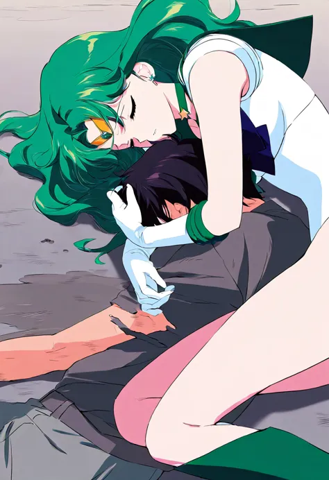 masterpiece, best quality, very aesthetic, absurdness, anime, 1 girl, sailor neptune, closed eyes, defeated, unconscious, dirty,...