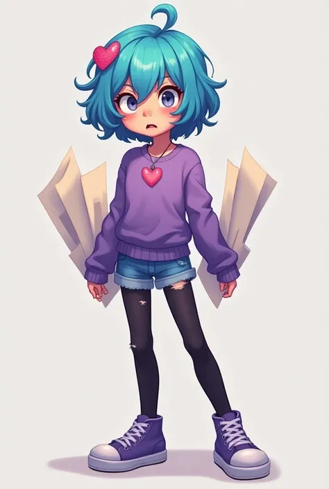 vibrant nervous and scared girl with short blue hair with a heart brooch in her hair with a heart necklace with a short and torn purple sweater and in the center she has a heart dressed in short ripped denim shorts with black tights and purple sneakers hol...