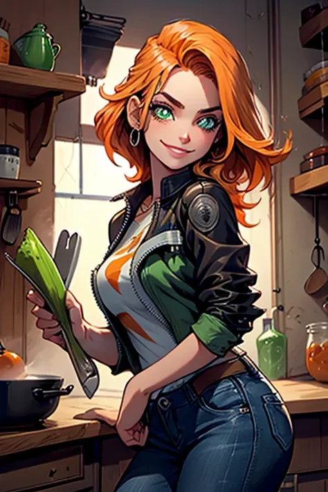 Perfect face. Perfect hands. An orange haired woman with green eyes and an hourglass figure in a leather jacket and jeans is smiling while cooking in a kitchen
