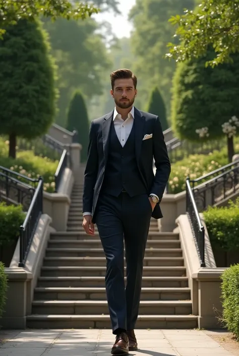 An elegant man walking down the stairs of a park 