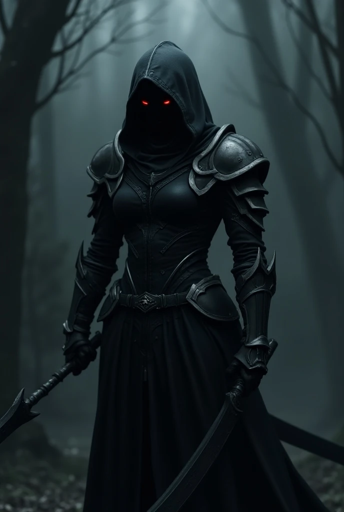 A hooded female in dark clothing her face isnt visible with only glowing red eyes. Shes wearing armor like a knight and welding a scythe 