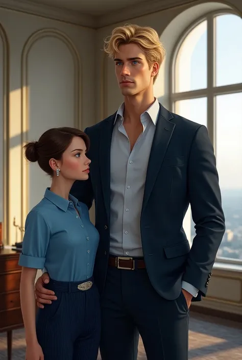  Draw me a handsome man  (blond) with a girl ,  draw them not so perfect, ordinary ,  in the hyperrealist genre - Jack and Aila , as described below ,  hes the CEO of ,  in his luxurious office with panoramic windows . The office is exquisitely furnished ,...