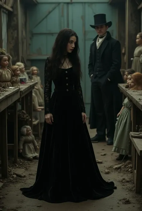 A girl with long dark hair in a velvet long dress in an old dilapidated dark doll workshop there is twilight next to a man with long dark hair in a Victorian outfit closed around many 19th century French dolls 