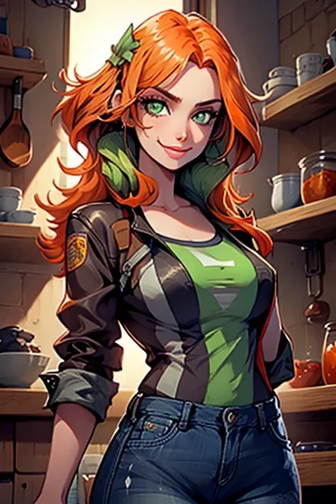 perfect face. perfect hands. an orange haired woman with green eyes and an hourglass figure in a leather jacket and jeans is smi...