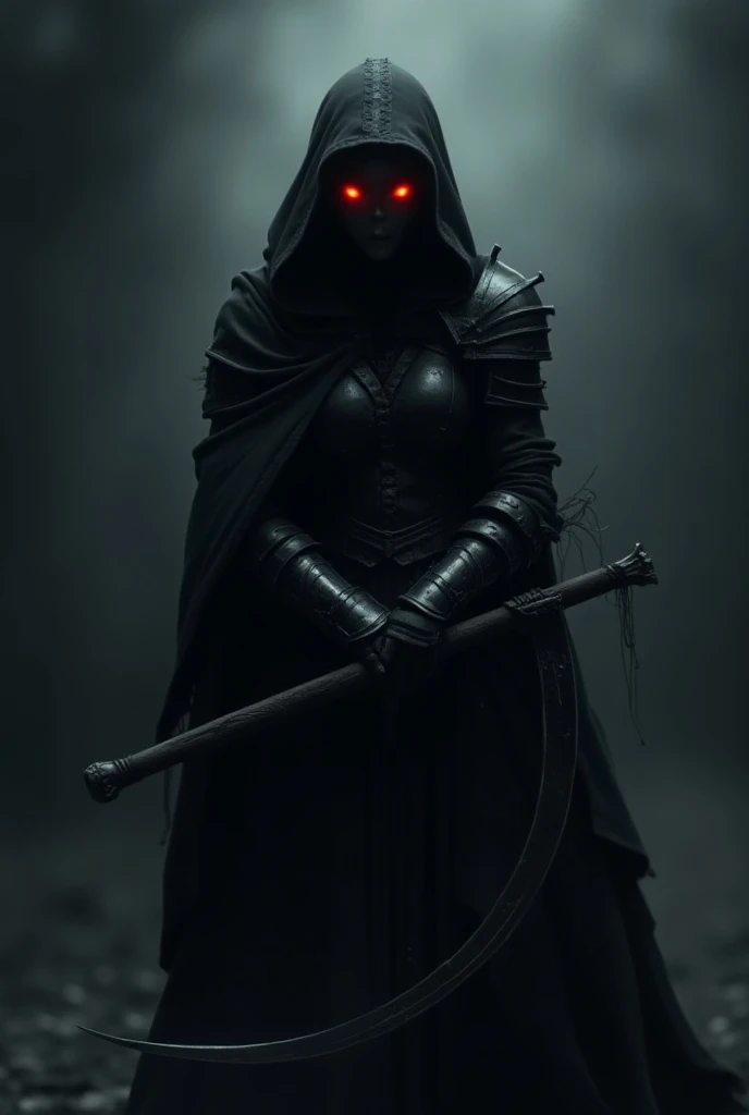 A hooded female in dark clothing her face isnt visible with only glowing red eyes. Shes wearing armor like a knight and holding a scythe 