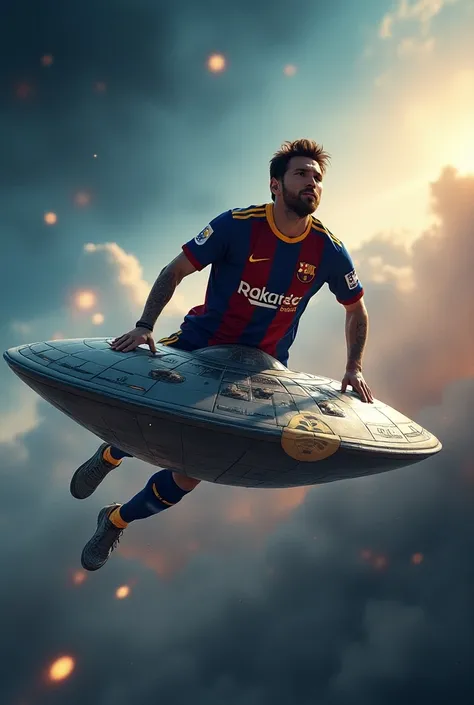 Lionel Messi riding a flying saucer 