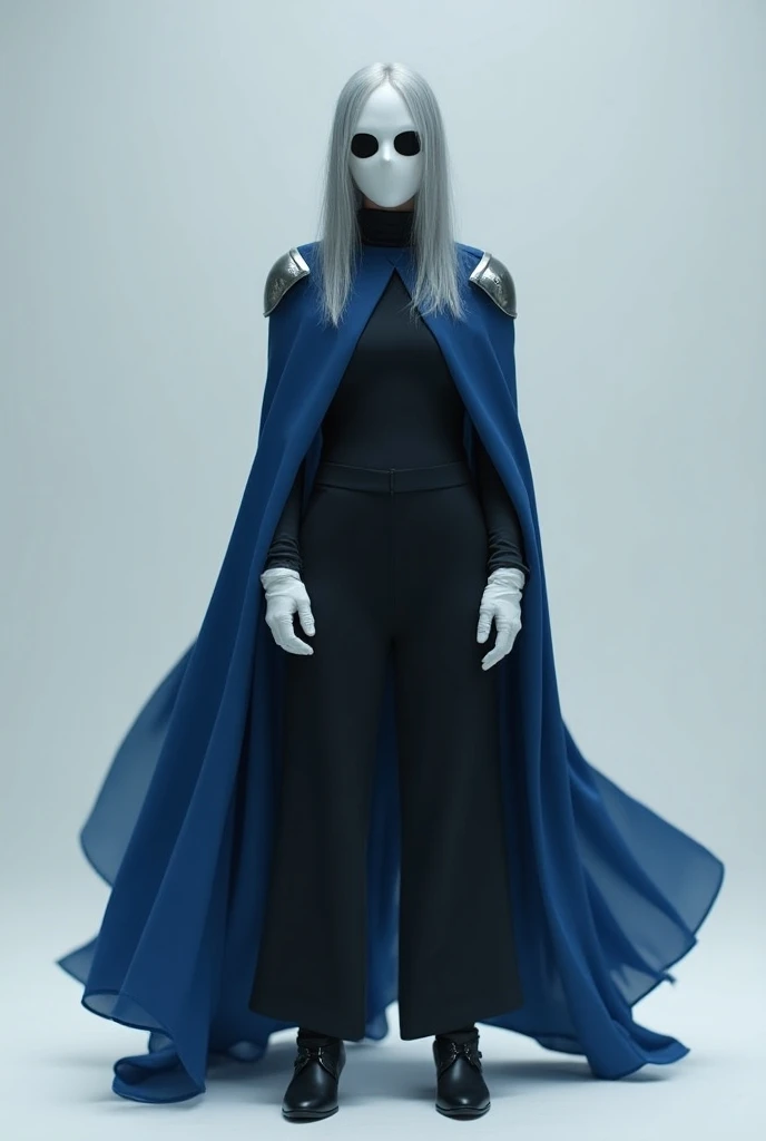 (1female, solo) faceless, white mask (white face mask, black eyes/) grey hair, grey clothing bodysuit, open wide trousers pants, pants touching boots, white gloves, black heels boots, blue long cape, cape covering whole body, shoulders armors, cape touch t...