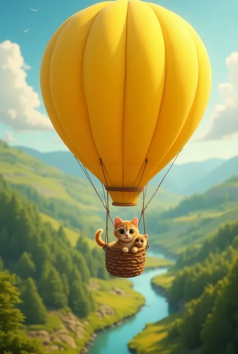  Image of the  in the yellow balloon with a kitten next to it, now flying over a beautiful landscape .