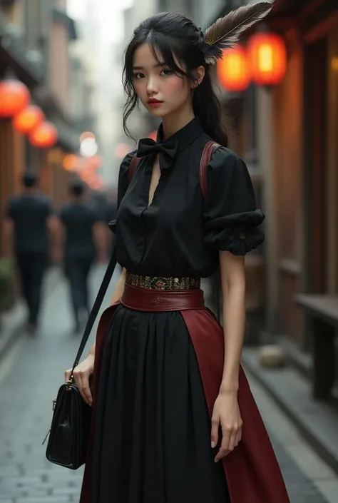 Make a girl in a black shirt, a sleeveless vest, a vintage Renaissance lead skirt, a long feather and a feather bow tie, a Japanese school bag.
