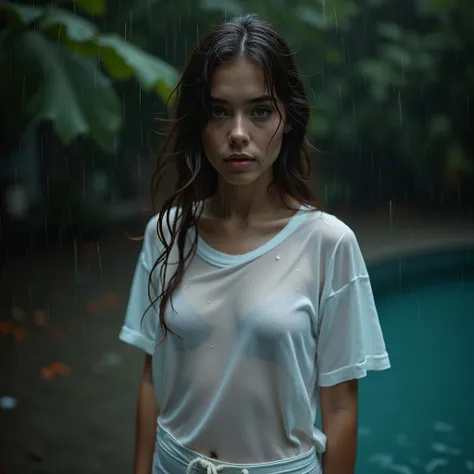 moody rainy dark daytime scene, Very beautiful portrait, real photo, 20 year old very innocent supermodel, A beautiful Caucasian woman, and dainty, striking features, hour glass body, small breasts, erect nipples, in an oversized white t-shirt, ((very see-...