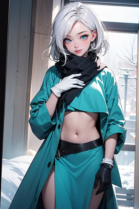 Masterpiece, best quality, good lighting, cinematic, 1girl, solo, looking at viewer, flat chest, petite, curvy hips, white hair, contrasting turquoise eyes, aegyo sal, beautiful, youthful, attractive, thick parka, gloves, scarf, black bandana, bangs, insid...