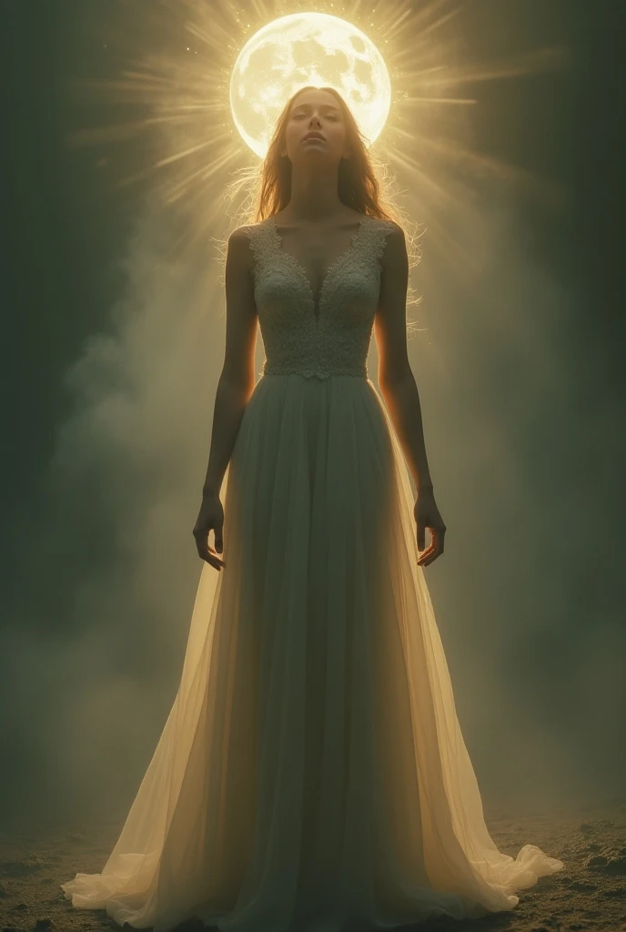 a woman ascending to a higher power, beautiful detailed eyes, beautiful detailed lips, extremely detailed face and body, long elegant dress, glowing aura, surreal environment, volumetric lighting, dramatic cinematic lighting, muted color palette, dreamlike...