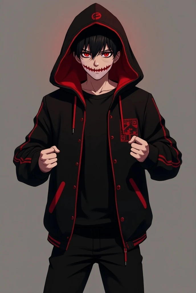 Create a boy like 25 years old , with a black and red jacket and that he is hooded .  That he is smiling like a psychopath and that his eyes are red and his hair is black.  With black pants and who is in combat pose clenching his fists ,  and whose drawing...