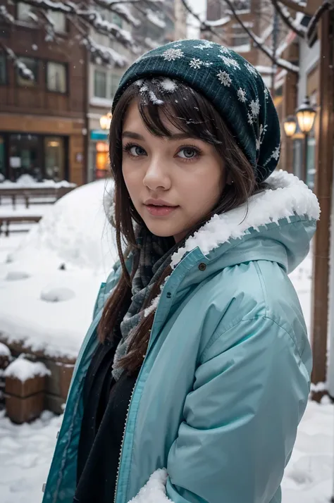 Masterpiece, best quality, good lighting, cinematic, 1girl, solo, looking at viewer, flat chest, petite, curvy hips, white hair, contrasting turquoise eyes, aegyo sal, beautiful, youthful, attractive, thick parka, gloves, scarf, black bandana, bangs, insid...