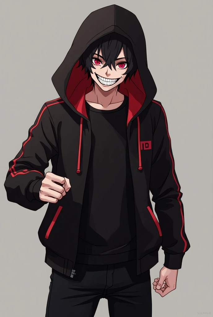 Create a boy like 25 years old , with a black and red jacket and that he is hooded .  That he is smiling like a psychopath and that his eyes are red and his hair is black.  With black pants and who is in combat pose clenching his fists ,  and whose drawing...