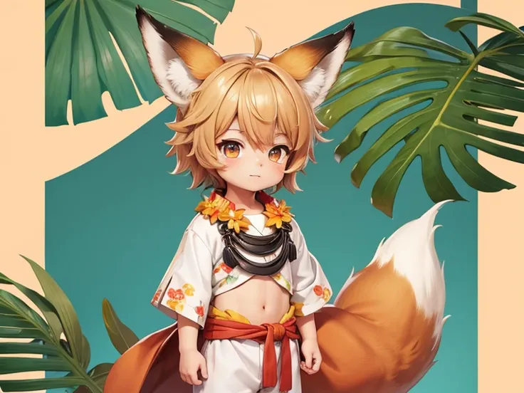 Cute shota boy with fox ears detailed body hawaiian clothes cute background 