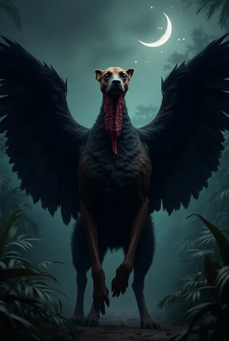 Create a hybrid animal and fusion between a black turkey and a brown dog ,  with wings open against a background of night in the jungle with diabolical style and realistic graphics 