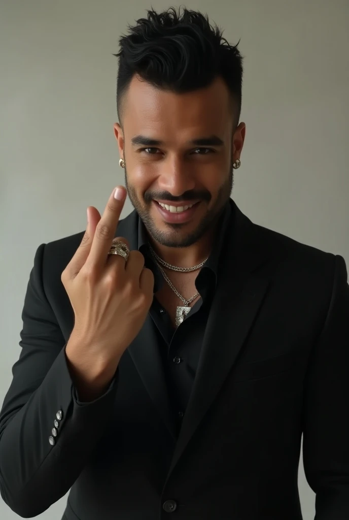 Mixed Latin man, black suit, giving the bird ,with a smile on his face, jewelry 