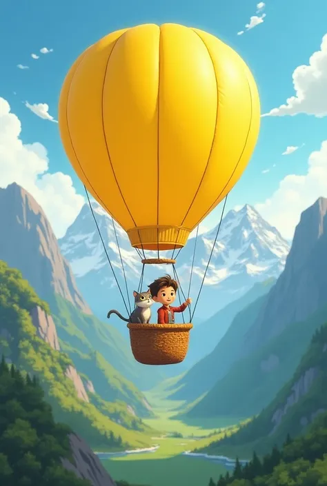 Image of a little boy and a cat in the yellow balloon , with wonderful mountains