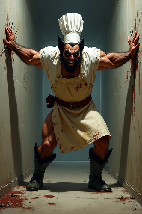 Wolverine, open arms scratching walls and chefs dress 