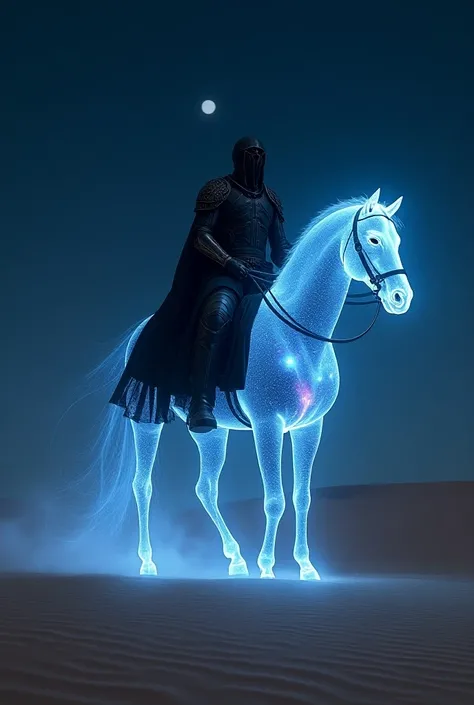 a warrior in black armor riding a horse made of a galaxy in a desert at night. the horses body must be transparent and blue with constellations inside.