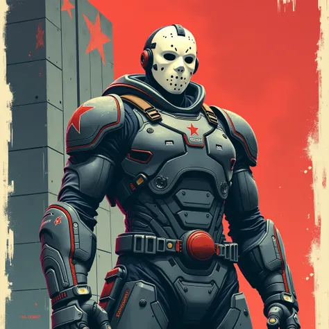 A poster reminiscent of the Soviet Union (USSR) era, featuring a sci-fi soldier wearing a (white Hockey mask). The background should depict an iron wall, with prominent red and blue colors dominating the scene. The poster should have a vintage, propaganda-...