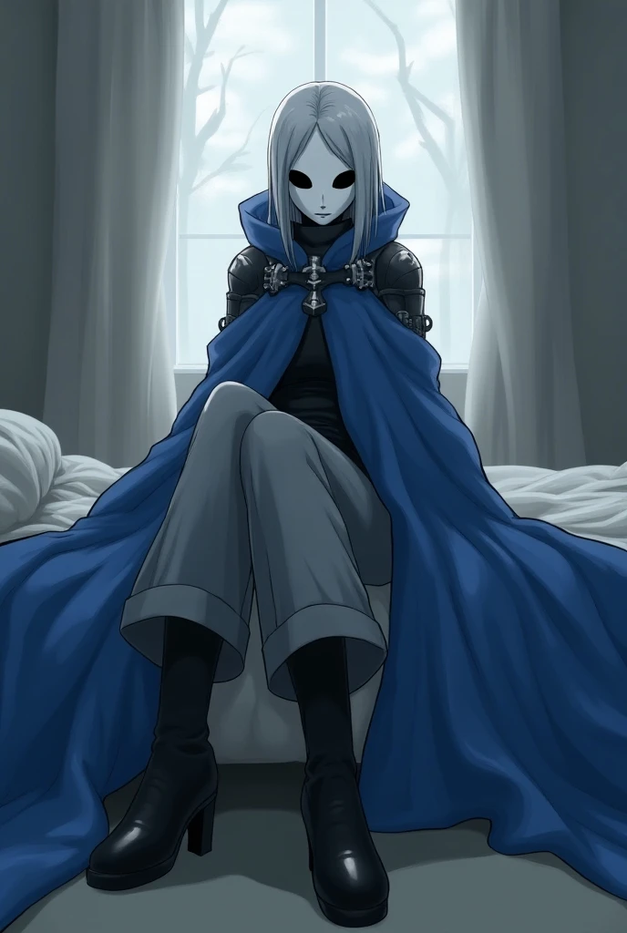 (1female, solo) faceless, mask (white face mask, black eyes/) grey hair, grey open wide trousers pants, pants covering boots, black heels boots, blue long cape, (cape covering full body/), shoulders armors, cape touch the ground, sitting, room, bed, animat...