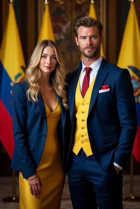 Blonde girl in blue tuxedo yellow dress and red tie next to Chris Hemsworth in blue tuxedo yellow vest and red tie with flags of Ecuador behind them as presidents.