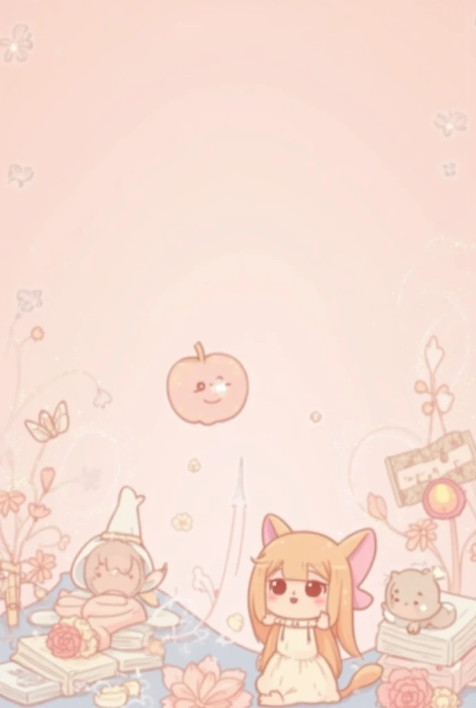 Create a wallpaper with pastel colors such as pink related to books and magic and surprise mystery and cute kawaii in a lively way with a plain pink background