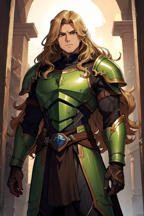 man in armor, Very dark brown skin, long wavy blond hair, Green somewhat small eyes, tall