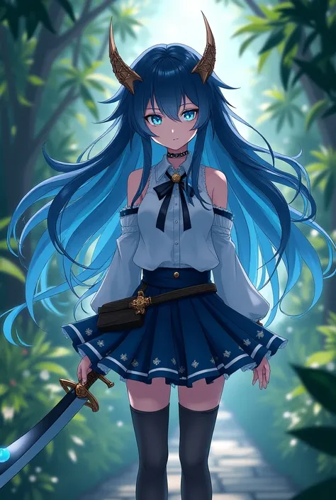 Anime girl in demon hunter costume, wearing a skirt and stockings with glitter in her eyes, dark blue hair and light blue tips, long hair with a garden background and a sword at her waist. 