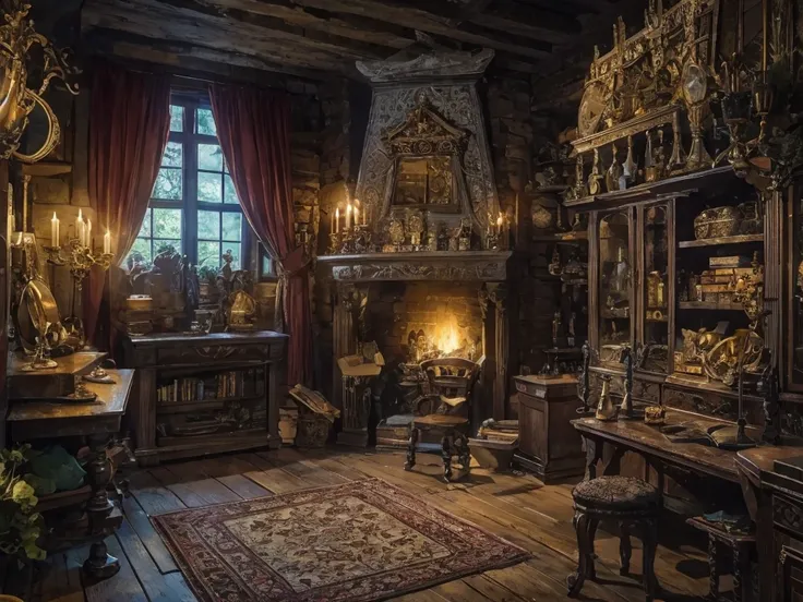 a medieval small storage room ,cozy atmosphere,high detailed,masterpiece,ornate decorations,antique furniture,warm lighting,wooden floors,rich textiles,detailed textures,ornate fireplace,elegant curtains,period appropriate objects,4k