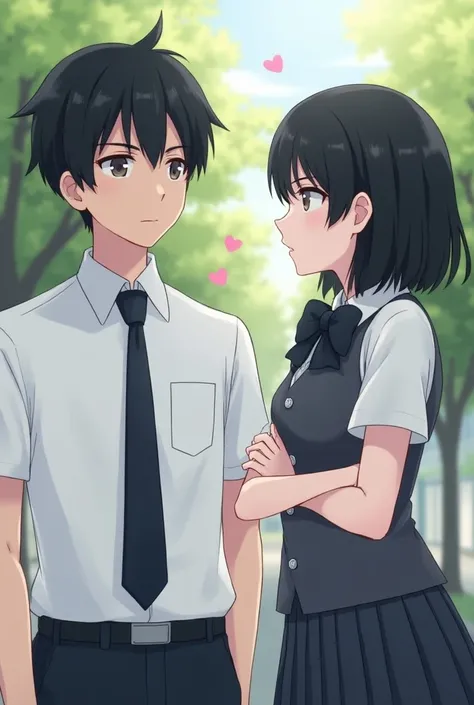   School scene with trees in the background .  With medium short black hair not too short , with a serious face,  wearing school uniform white shirt tie and a black bow , And his tie is normal ,  Boy with brown hair with a confident and serious look ,  sli...