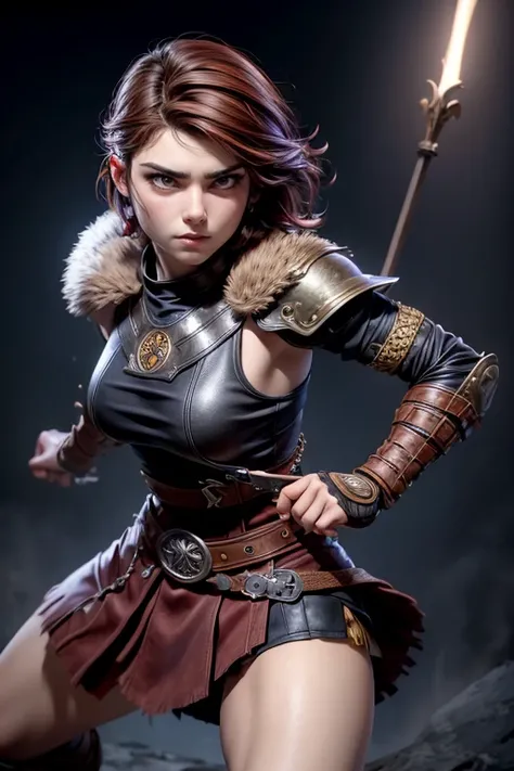  Young Viking woman , warrior, short brown hair, ojos marrones, leather armor,  strappy leather top , fur skirt, fierce expression, Combat stance,  masterpiece , super detail,  lyrics,  cinematic lighting .