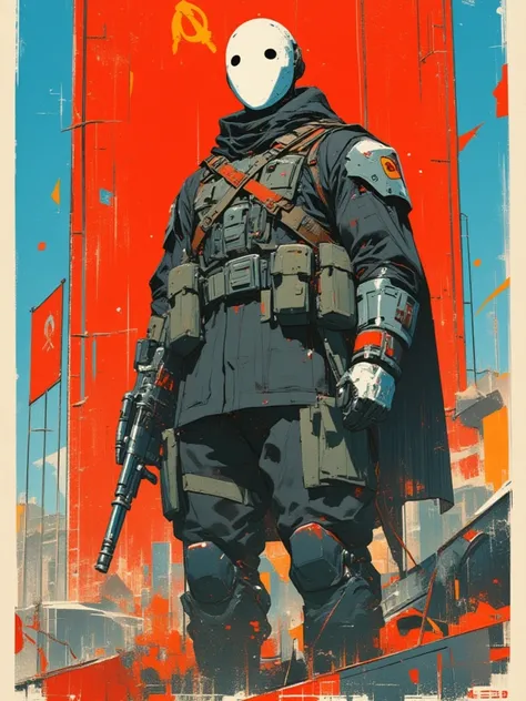 A reminiscent of the Soviet Union (USSR) era, featuring a sci-fi soldier wearing a (white Hockey mask). The background should depict an iron wall, with prominent red and blue colors dominating the scene. The poster should have a vintage, propaganda-style a...