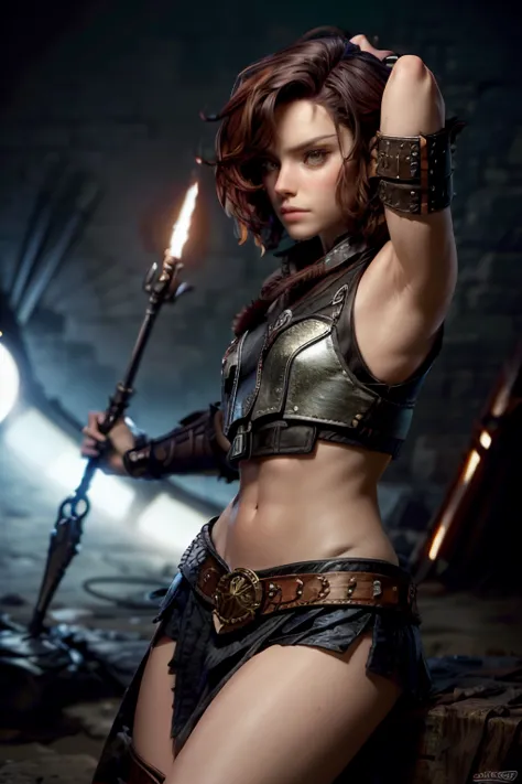 young viking woman , warrior, short brown hair, ojos marrones, leather armor,  strappy leather top , fur skirt, fierce expressio...