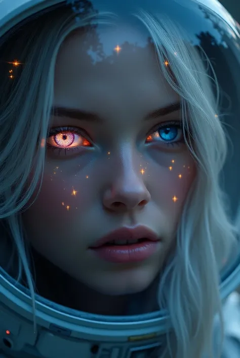 Close-up of the best masterpiece:1.5)0.9], (Space and astronauts:1.2) ( Loose silver hair:1.1) (Heterochromia: xanthochromia and blue eyes:1.2) (Space helmet:1.0) (Colored stars in the eyes:1.0) (Shining light:1.1) (full lips:0.9)