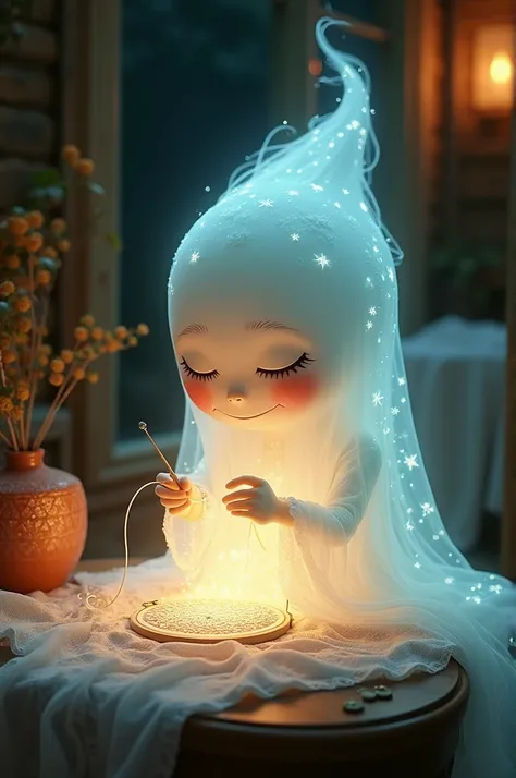 Happy ghost doing embroidery with needle and thread 