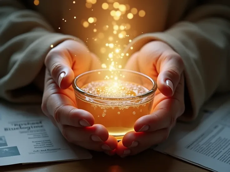 " Detailed image of hands holding a cup of water , with drops of twinkling lights surrounding ,  suggesting a powerful spiritual energy . In the background,  a softly blurred image of documents and photos,  as a heavenly light envelops the environment ."