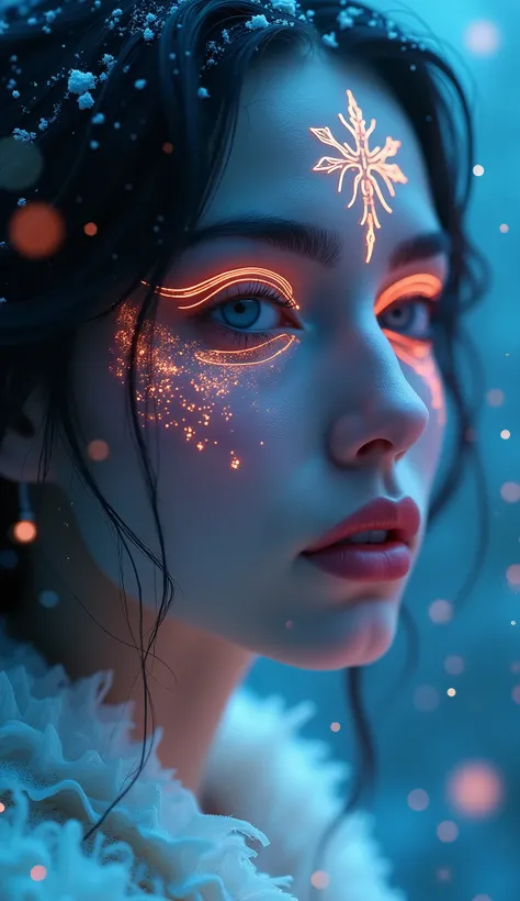 halloween, magical beauty, neon,  photorealistic ,  Beautiful woman , Macro photography,  high quality, 4K, Fairy, face tattoo ,  snow , красивые neonовые частицы,  photorealistic 