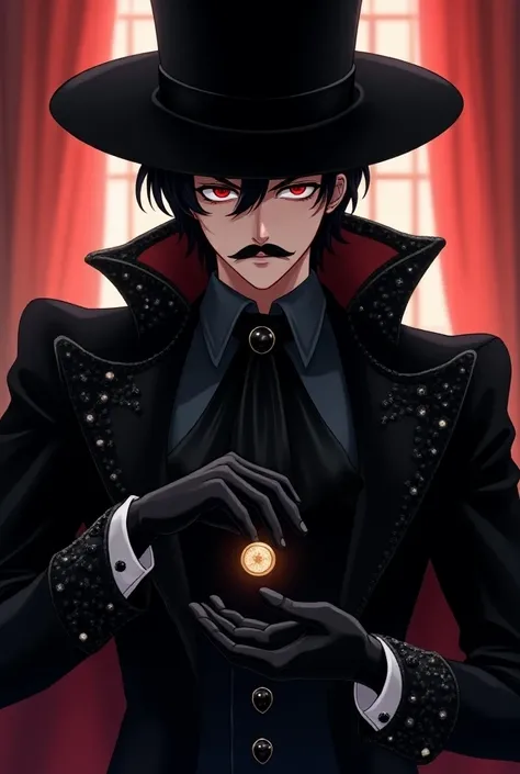  Create a man with elegant black attire with decorative black gems ,  who wears a very large and elegant black hat and whose eyes are red and his hair black. Who has the moustache of a mobster and plays with a coin in his hand .  and whose drawing style is...