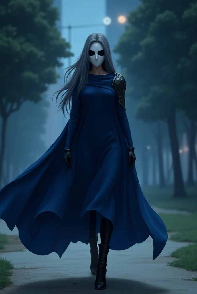 (1female, solo) faceless, mask (white face mask, black eyes/) grey hair, long hair, blue long cape, (cape covering full body/), shoulders armors, cape touch the ground, black pointy heels boots,  used cape to covered, walking. Park, city, night, animated s...