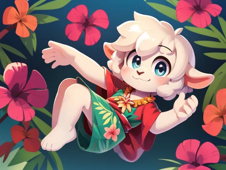 A cute lamb boy with shiny hair, a detailed body, Hawaiian clothes, a nice background, high quality, a masterpiece 