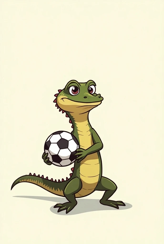 create a cartoon image of a tropical monitor lizard in an "S" shape holding a soccer ball and in plain background