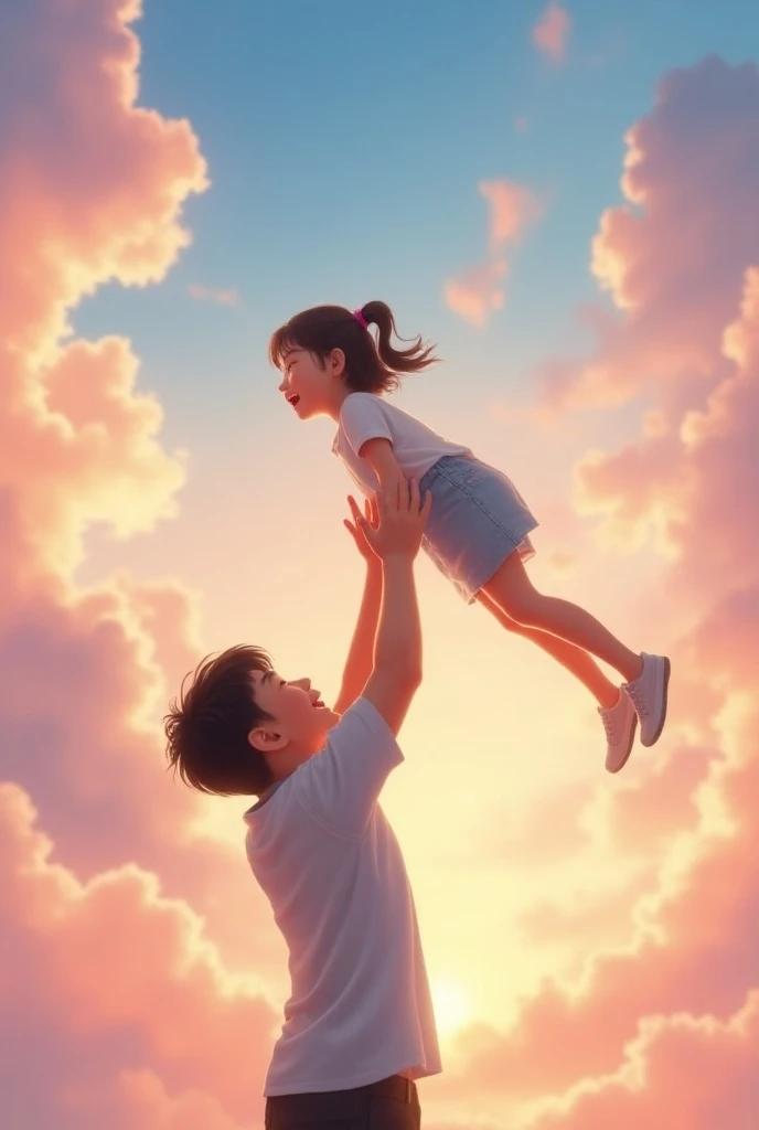 A 19 year old Chinese boy lifting his little sister up in the air, the sky as plenty of beautiful colors,