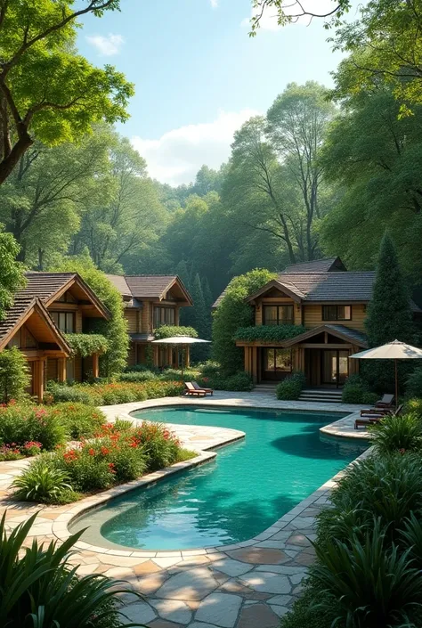 condominium,  with cottages ,  lots of trees and each house with a pool