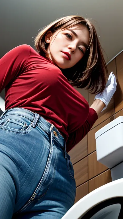 (a portrait with sharp focus and crisp quality, highlighting the subjects facial features),(from below, lower body, looking up),  cowboy shot、30-year-old housewife、Long sleeve T-shirt、jeans、 short bob cut hair 、Clean the toilet with rubber gloves、Toilet at...