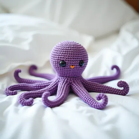 crochet octopus on a white bed background