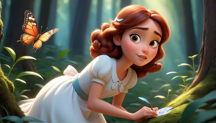 (disney pixar tarzı: 1.2) Girl in white dress draws a butterfly in the forest using magical paints