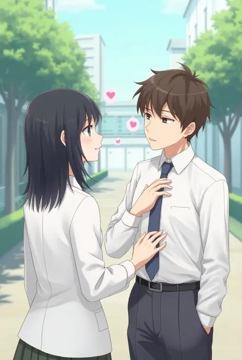    School scene with trees in the background  .   With medium short black hair not too short  , with a serious face,   wearing school uniform white shirt tie and a black bow  , The boy has his tie is normal  ,   Boy with BROWN BROWN hair with a confident a...